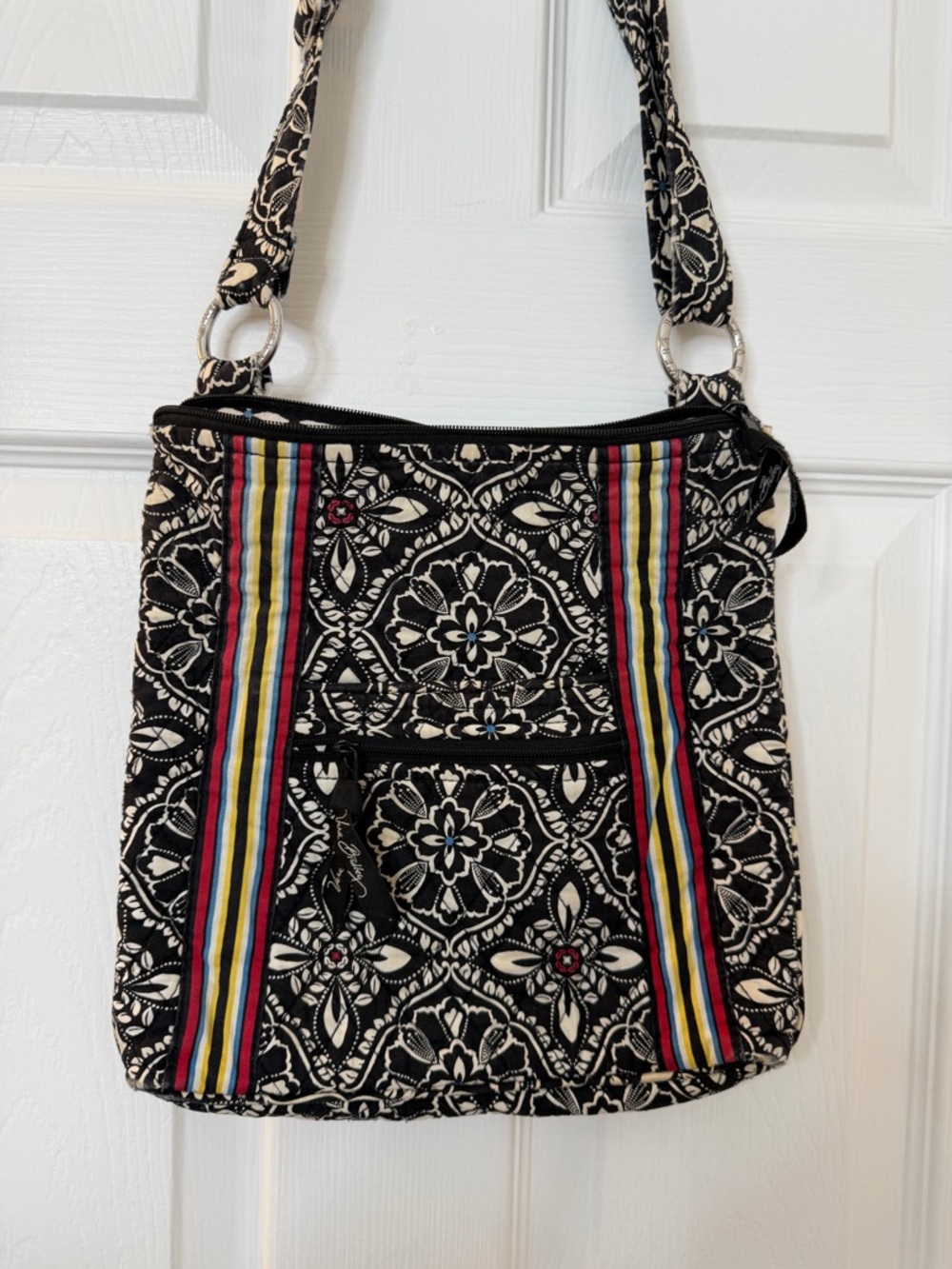 Vera Bradley Black Quilted Shoulder Bag with Multicolor Stripe Accents